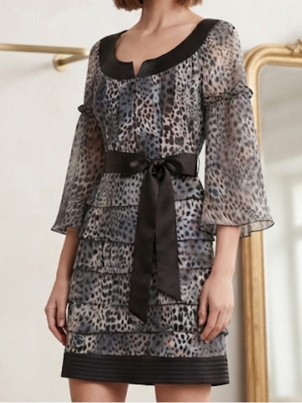 Chic Animal Print Tiered Mini Dress with Satin Sash & Bell Sleeves